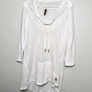XCVI White Mesh Cowl Neck Top Large Drawstring Sheer Longline Coverup Boho